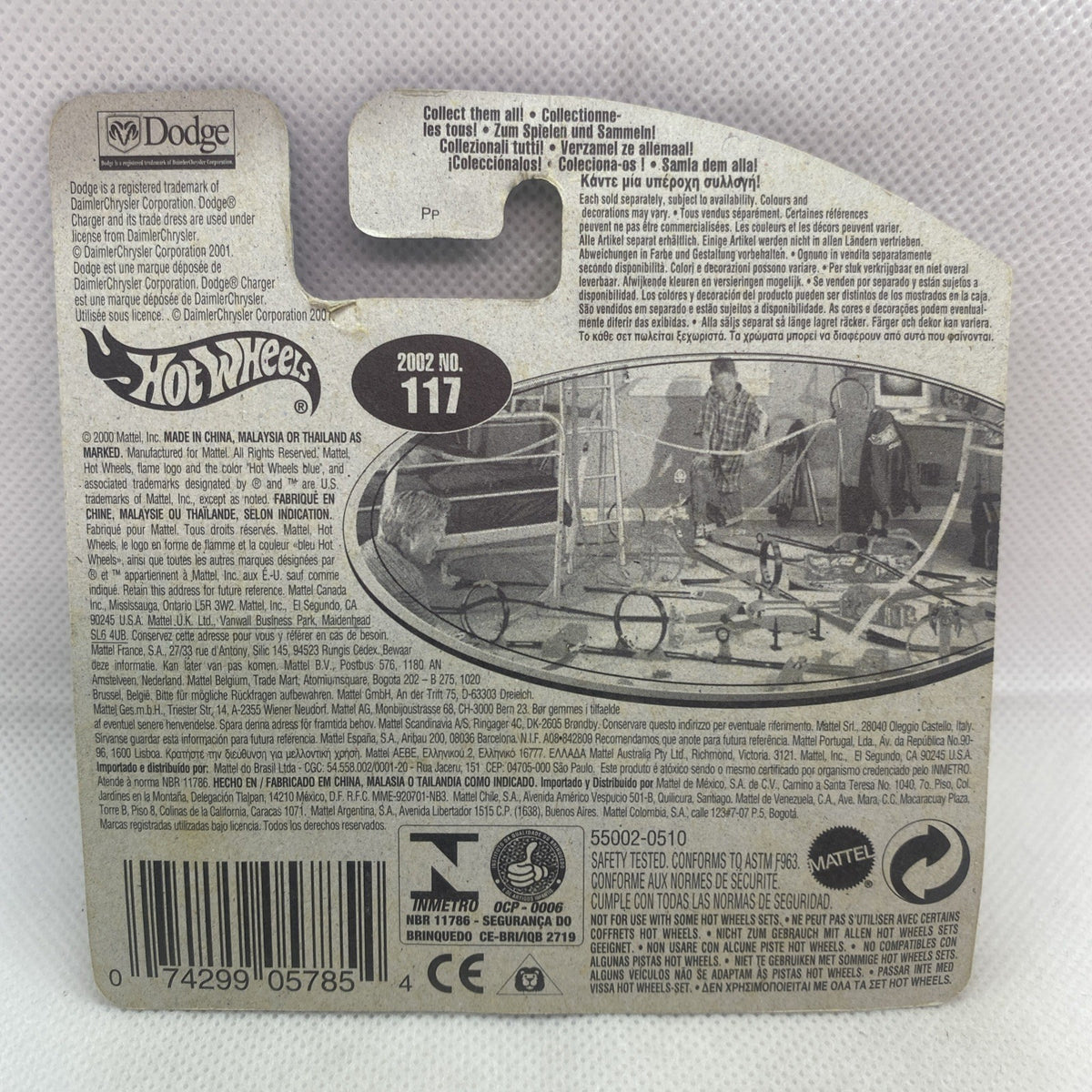 Hot Wheels die-cast car blister card back with 2002 No. 117 info, barcode, CE mark