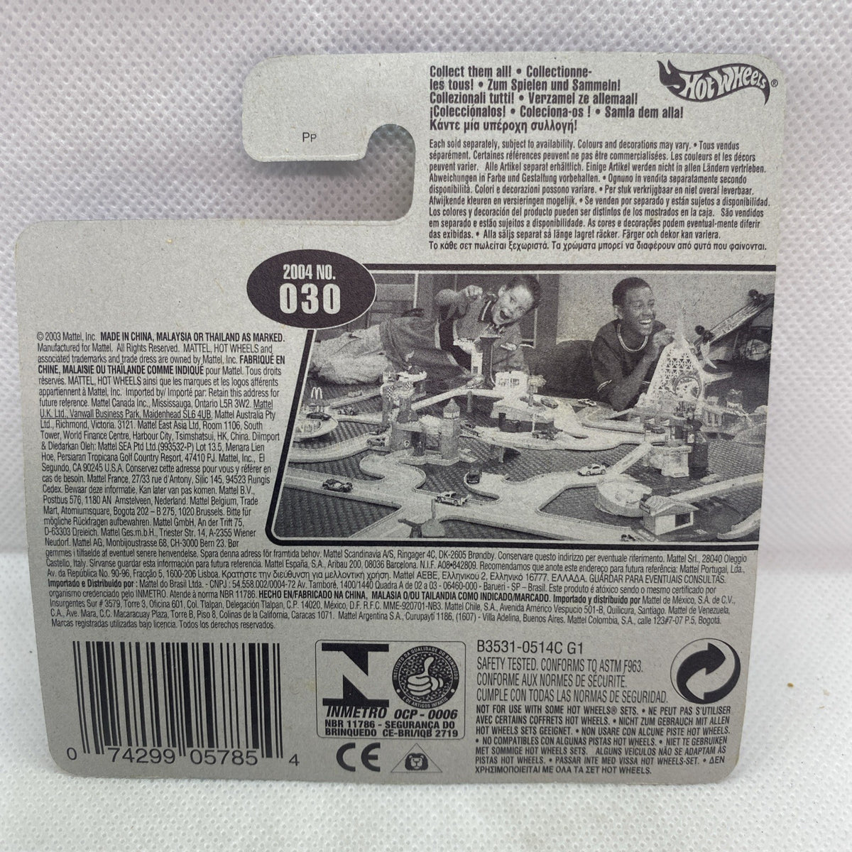 Hot Wheels F-Racer 2004 blister card back with barcode and #030 info