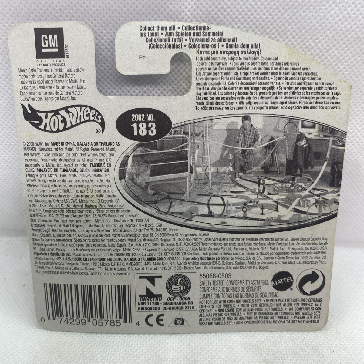 Hot Wheels blister card back with vehicle details, barcode, and GM label