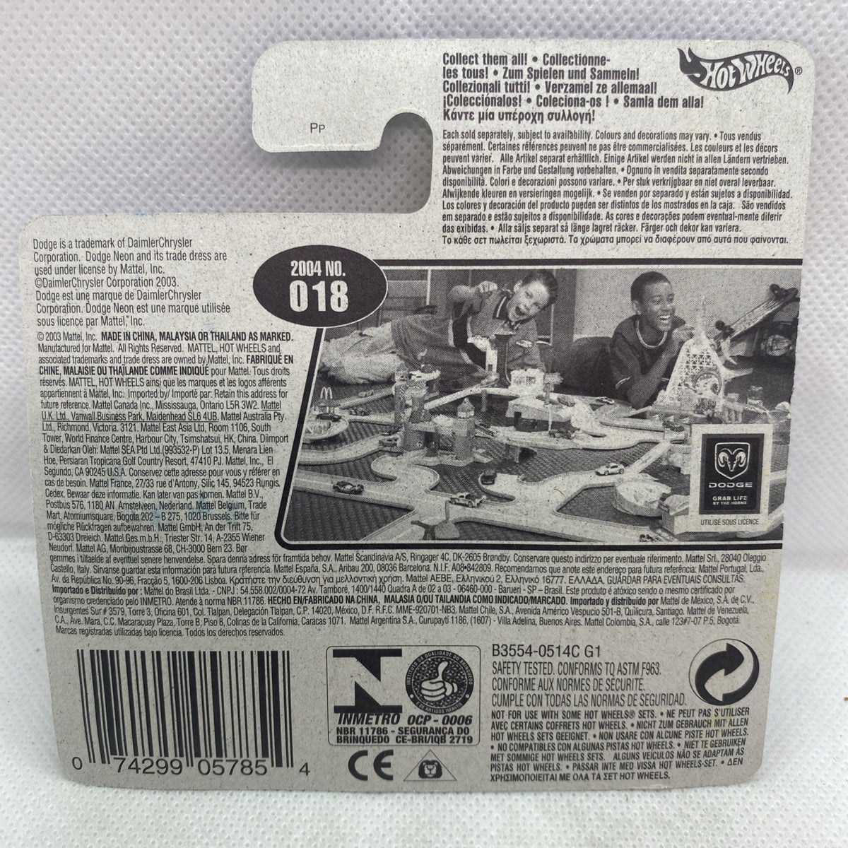 Hot Wheels card back packaging with printed details and barcode, model number 018