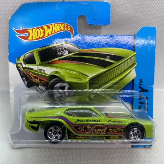 Hot Wheels die-cast toy car in clear blister, lime green with black hood and Ford decals
