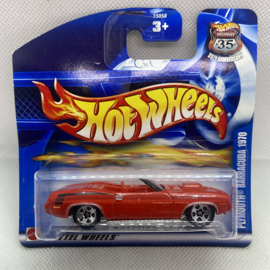 Red Plymouth Barracuda 1970 die-cast car in clear blister on card
