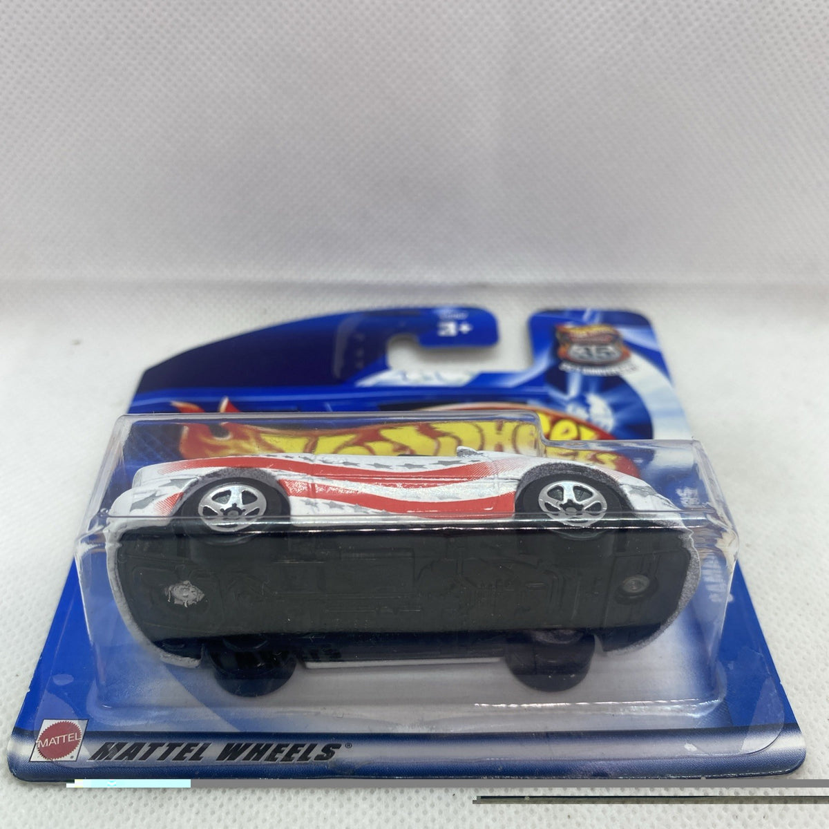 Hot Wheels Camaro convertible rear view in blister, white body with red side stripe