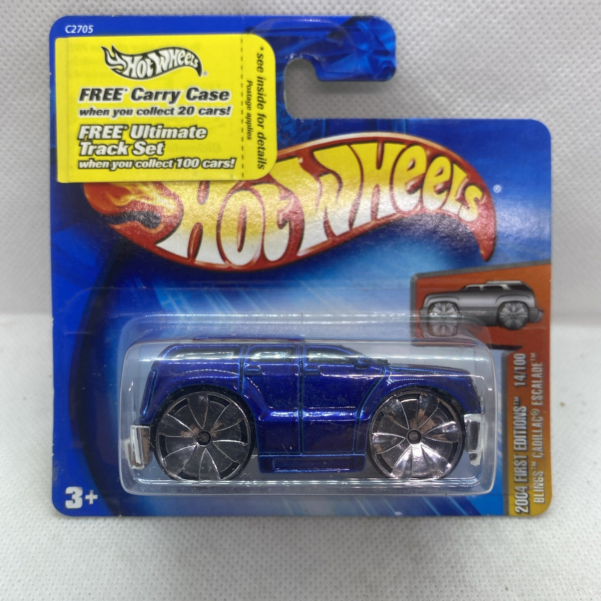 Blue die-cast SUV toy in clear blister pack with Hot Wheels logo, age 3+