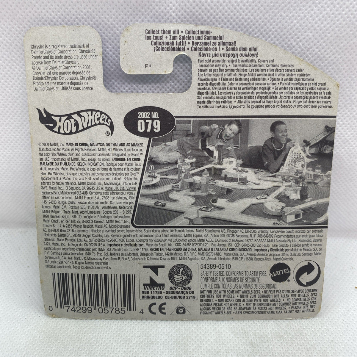 Hot Wheels packaging back with printed details, barcode, and legal text