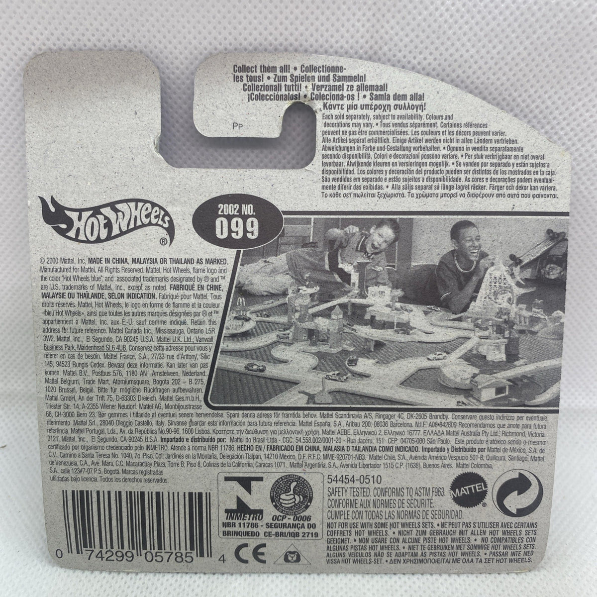 Hot Wheels die-cast car in blue blister card, back label view