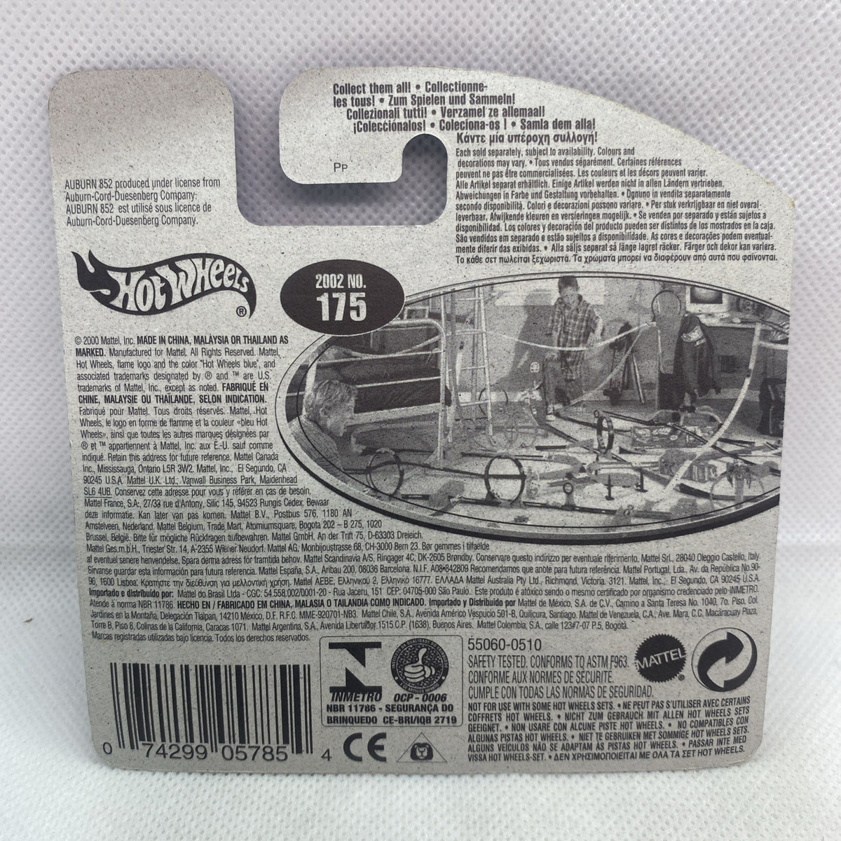Hot Wheels Auburn 852 car packaging back card with printed details and blister window