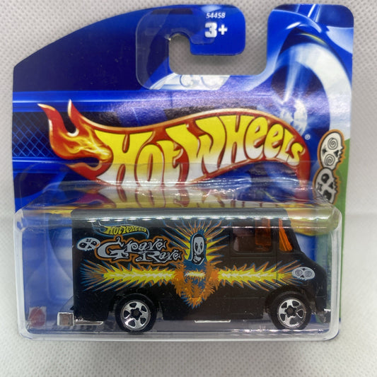Hot Wheels Grave Rave die-cast car in blister pack, black body with flame graphics