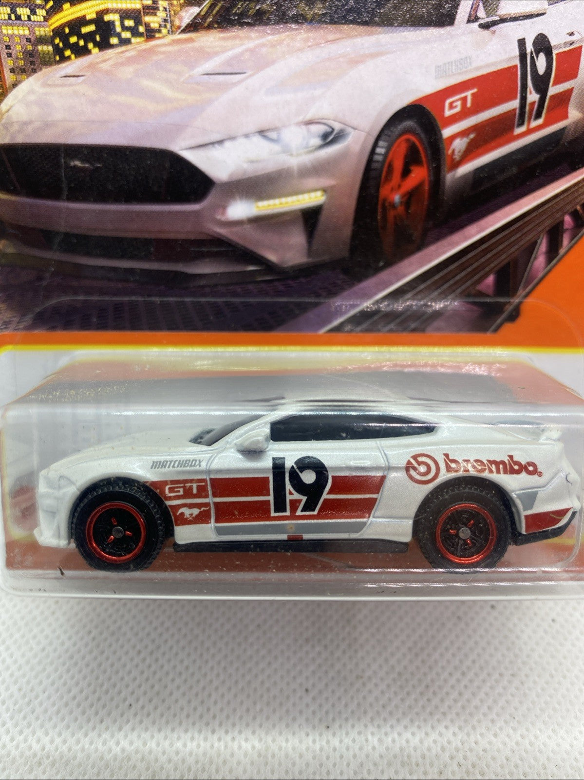 Close-up of Matchbox '19 Ford Mustang Coupe toy car in clear blister packaging