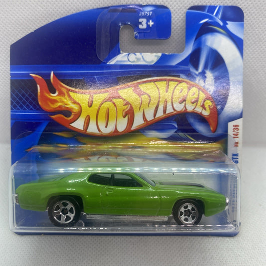 Lime green Hot Wheels style toy car in blue blister retail package