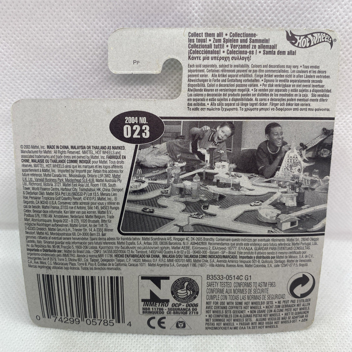 Hot Wheels Rockster card back with info text, barcode, and CE mark