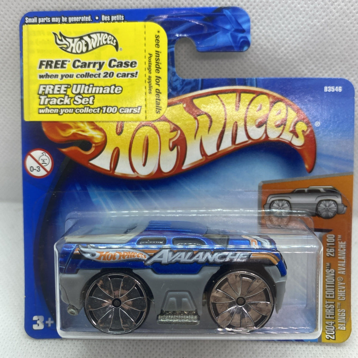 Hot Wheels die-cast pickup car in blue with silver wheels, in blister pack