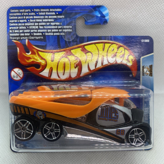 Hot Wheels die-cast toy car in blister package, orange and black with flame graphics.