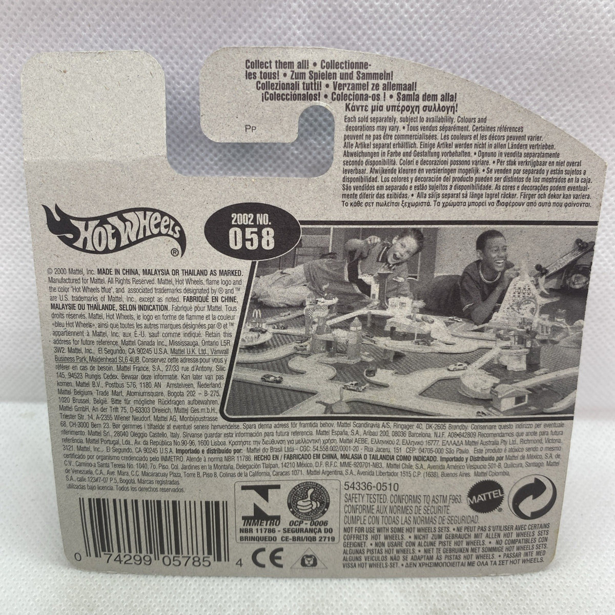 Hot Wheels card back with 2002 No.058 marking and vehicle details in collector packaging