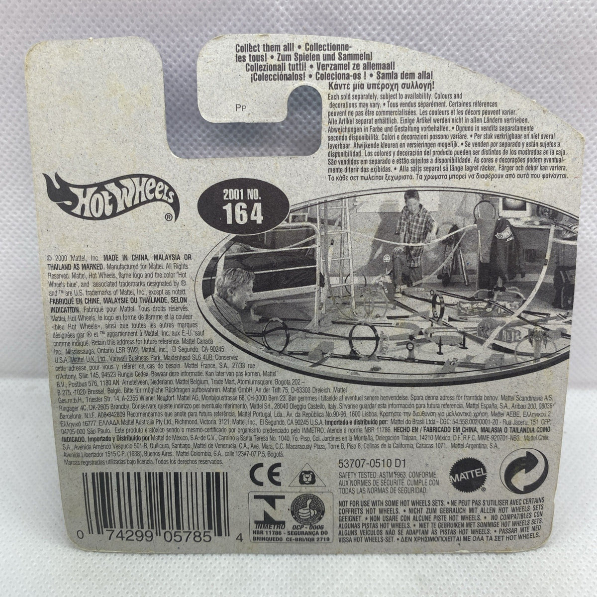 Back of 2001 #164 dragster blister card with barcode, icons, and vehicle info.