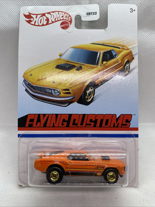 Hot Wheels '70 Ford Mustang Mach 1 die-cast, orange car in clear Flying Customs blister card