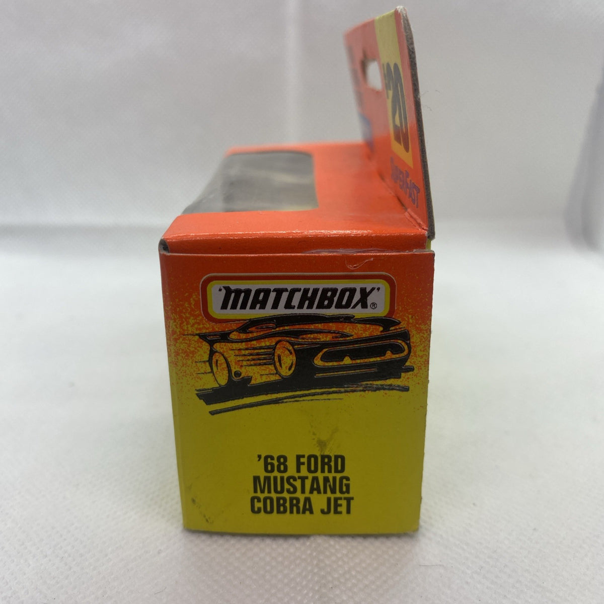 Matchbox die-cast '68 Ford Mustang Cobra Jet toy car box, side view