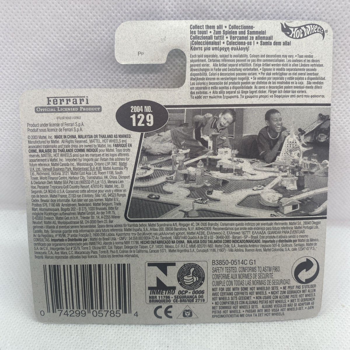 Back of Hot Wheels Ferrari blister card with product details and barcode