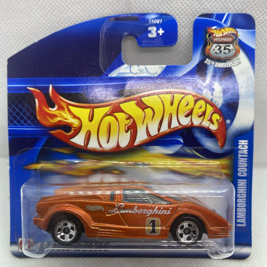 Hot Wheels Lamborghini Countach die-cast car in blue blister card, orange finish