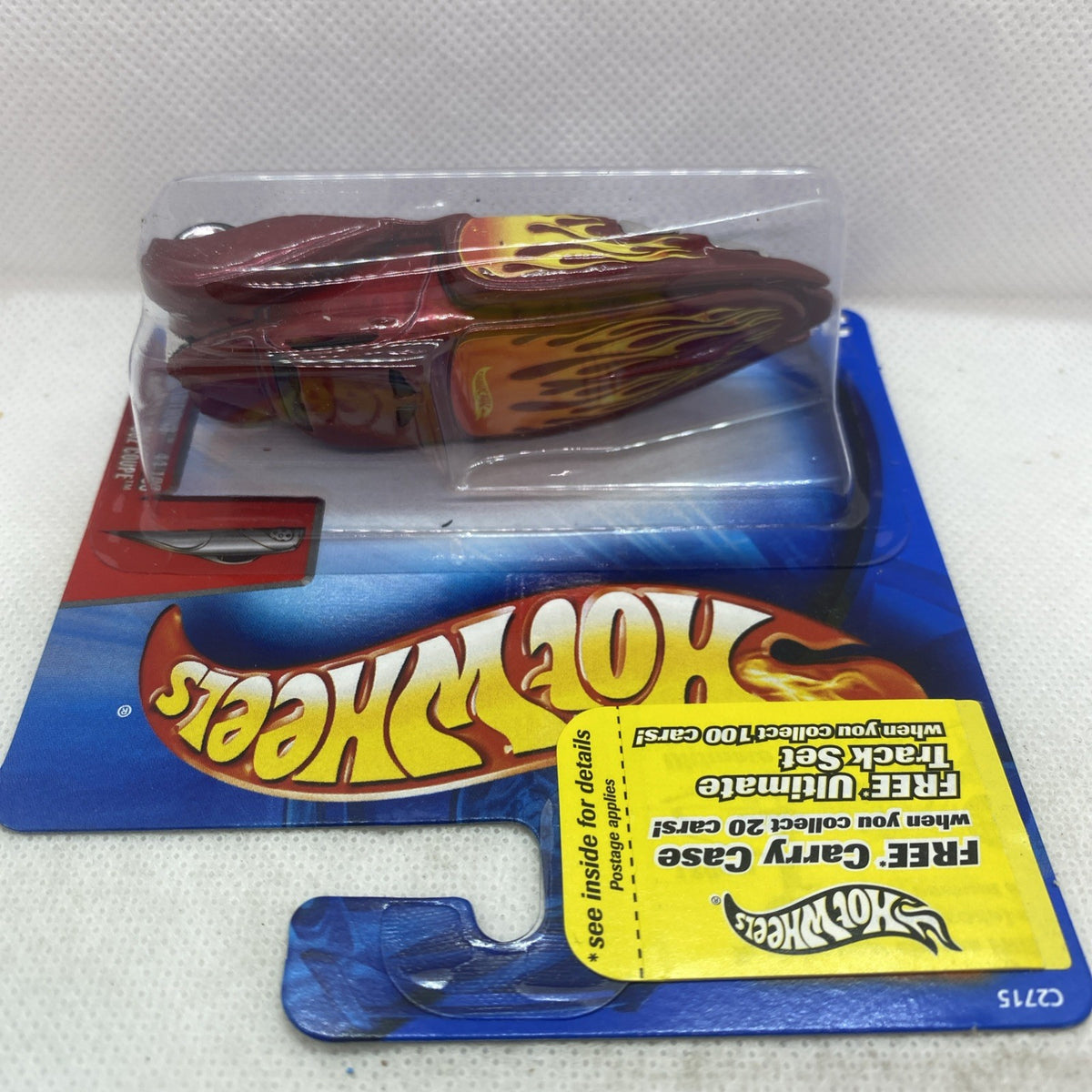 Hot Wheels burgundy flame coupe in clear blister on blue card