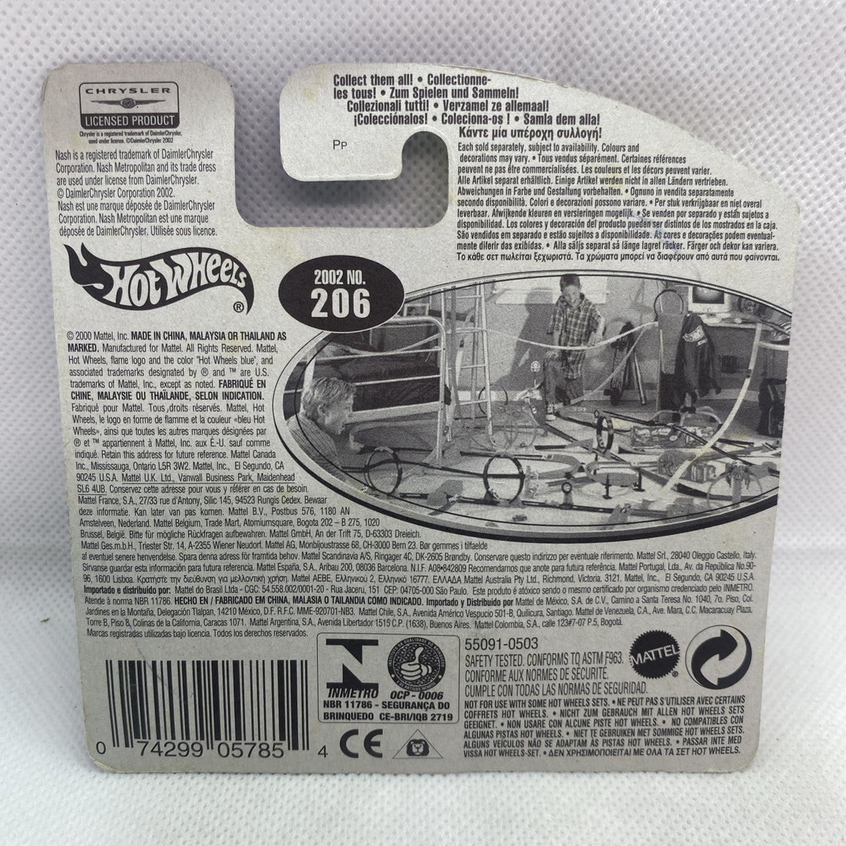Hot Wheels car blister packaging back with 2002 No. 206 details and safety text