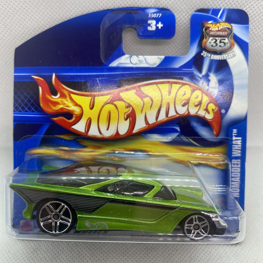 Green Hot Wheels-style die-cast car with black wheels in blue blister card
