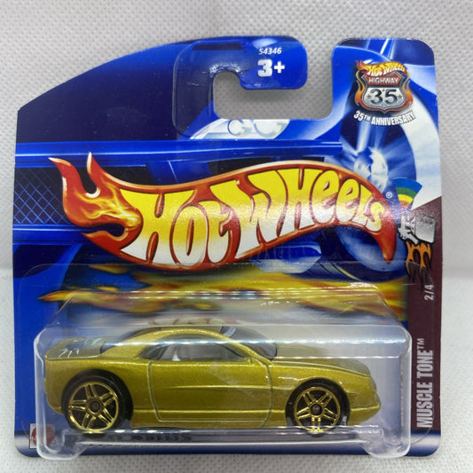 Hot Wheels muscle car toy on blue card, metallic yellow-green body and black wheels