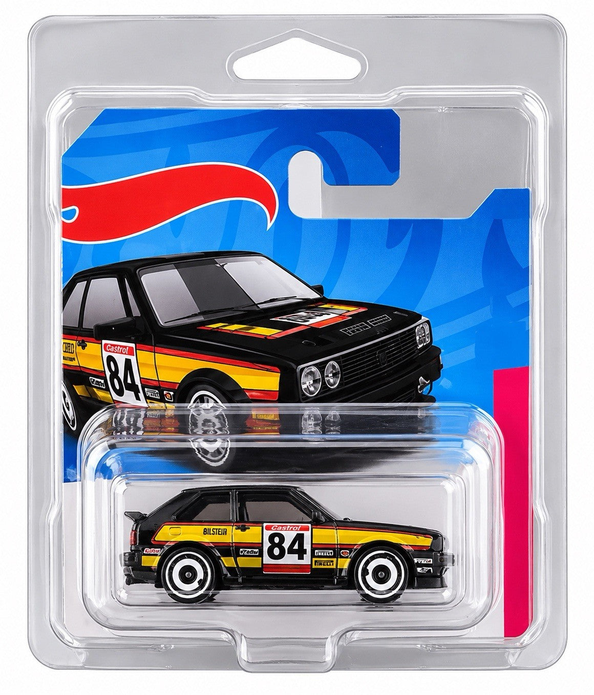 Clear plastic protective case holding a race car on a blue card