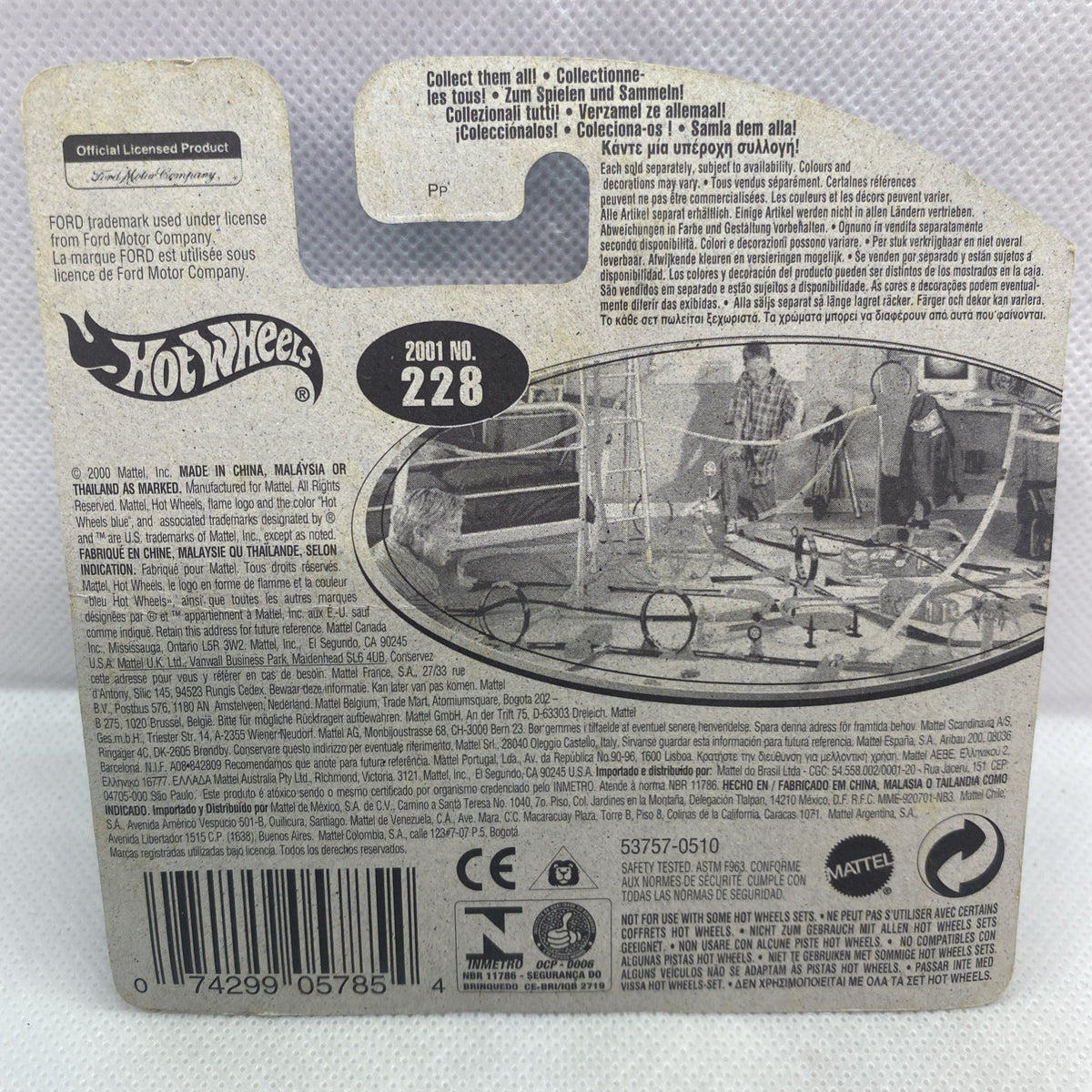 Hot Wheels 2001 No. 228 Ford stake bed truck back card with barcode and product text
