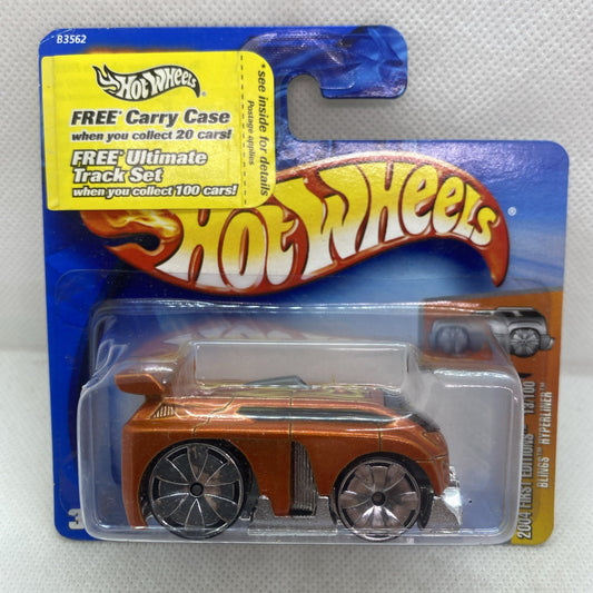 Hot Wheels die-cast car in clear blister on blue card with orange-brown body