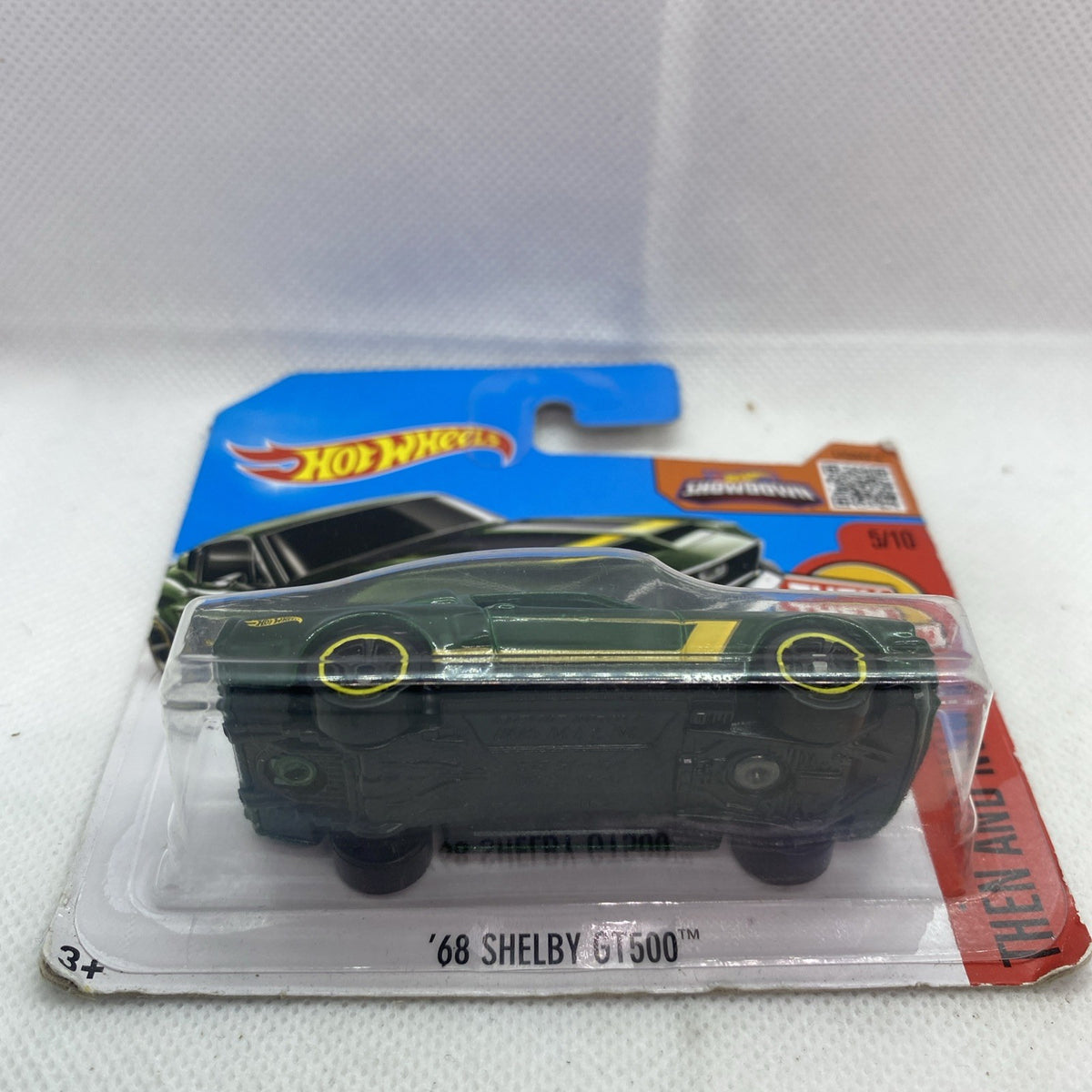 Hot Wheels '68 Shelby GT500' toy car in blister card, side view