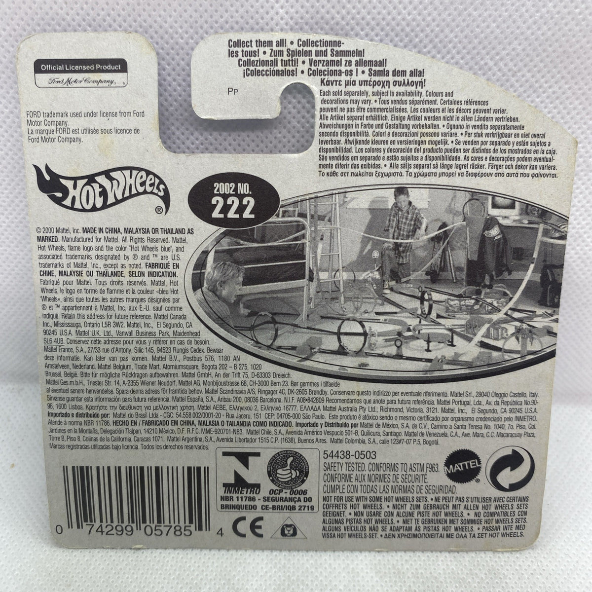 Hot Wheels blister pack back with barcode, model 222, and product details