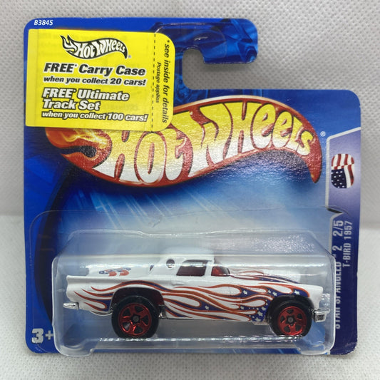 Hot Wheels T-Bird die-cast car in sealed blister card, white with flame graphics and red wheels