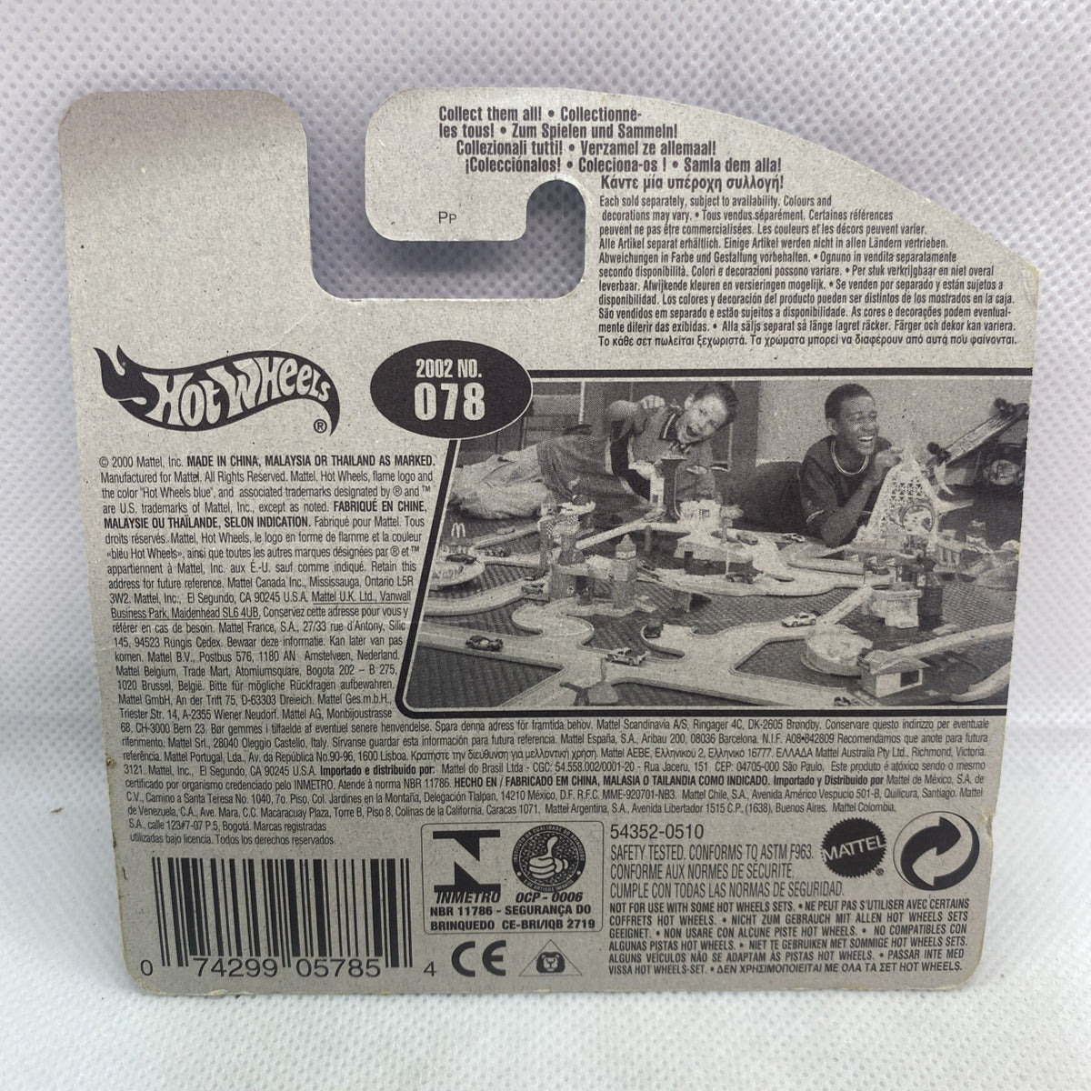 Hot Wheels blister card back with printed details and 2002 No.078 label