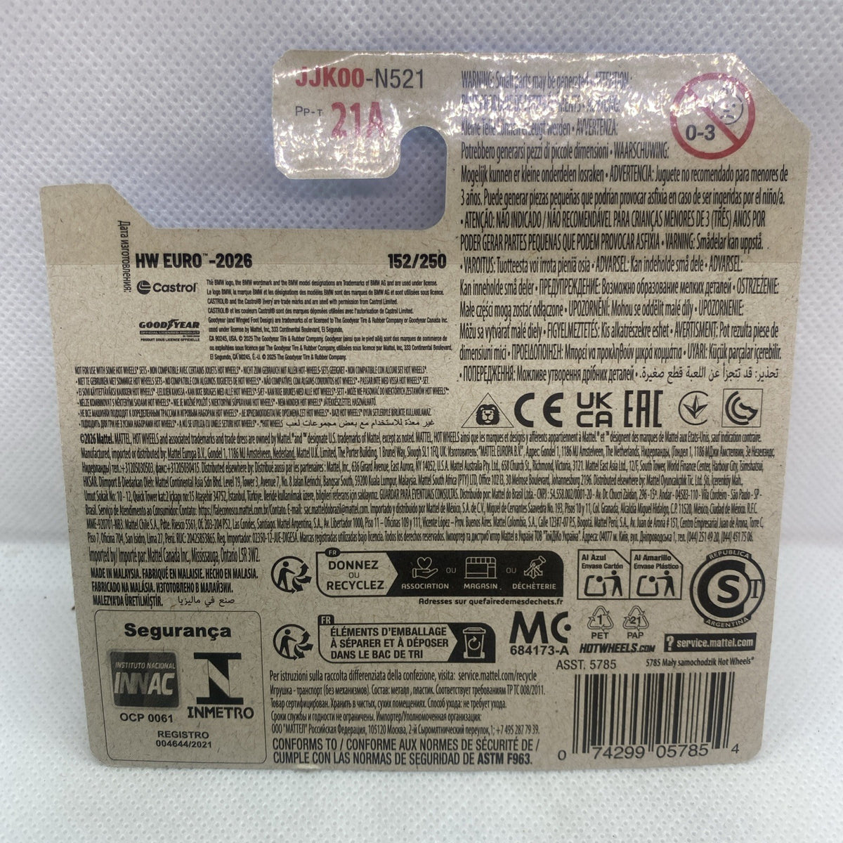 Die-cast car blister package back with barcode, CE, and recycling icons