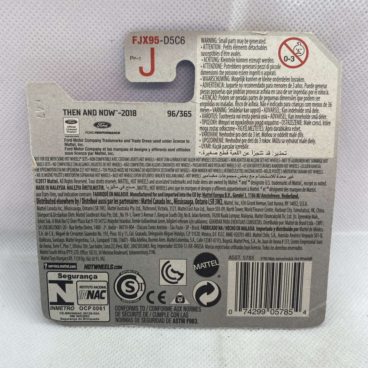 Hot Wheels car package back with barcode, warning label, and product info