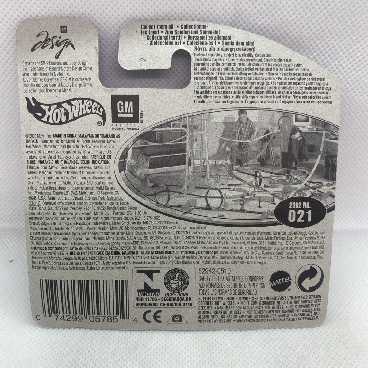 Hot Wheels short-card packaging back with printed details and 2002 #021