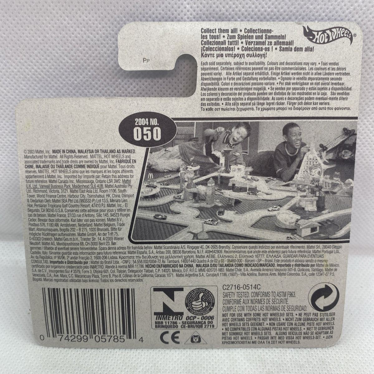 Hot Wheels blister card back with barcode, text, and 2004 No. 050