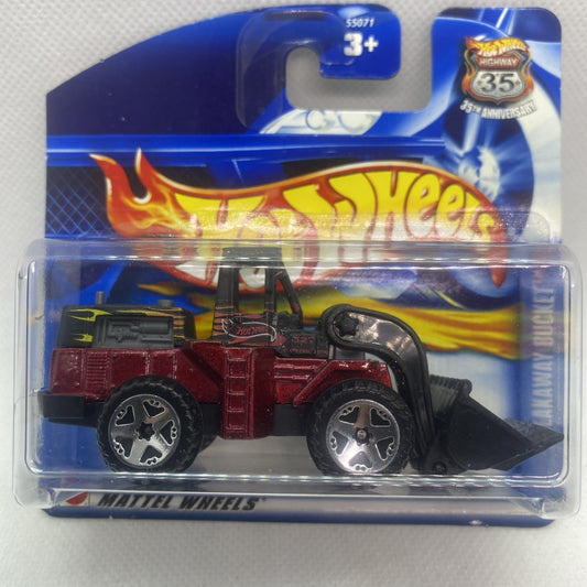Red and black Hot Wheels toy truck in clear blister on blue card with flame logo