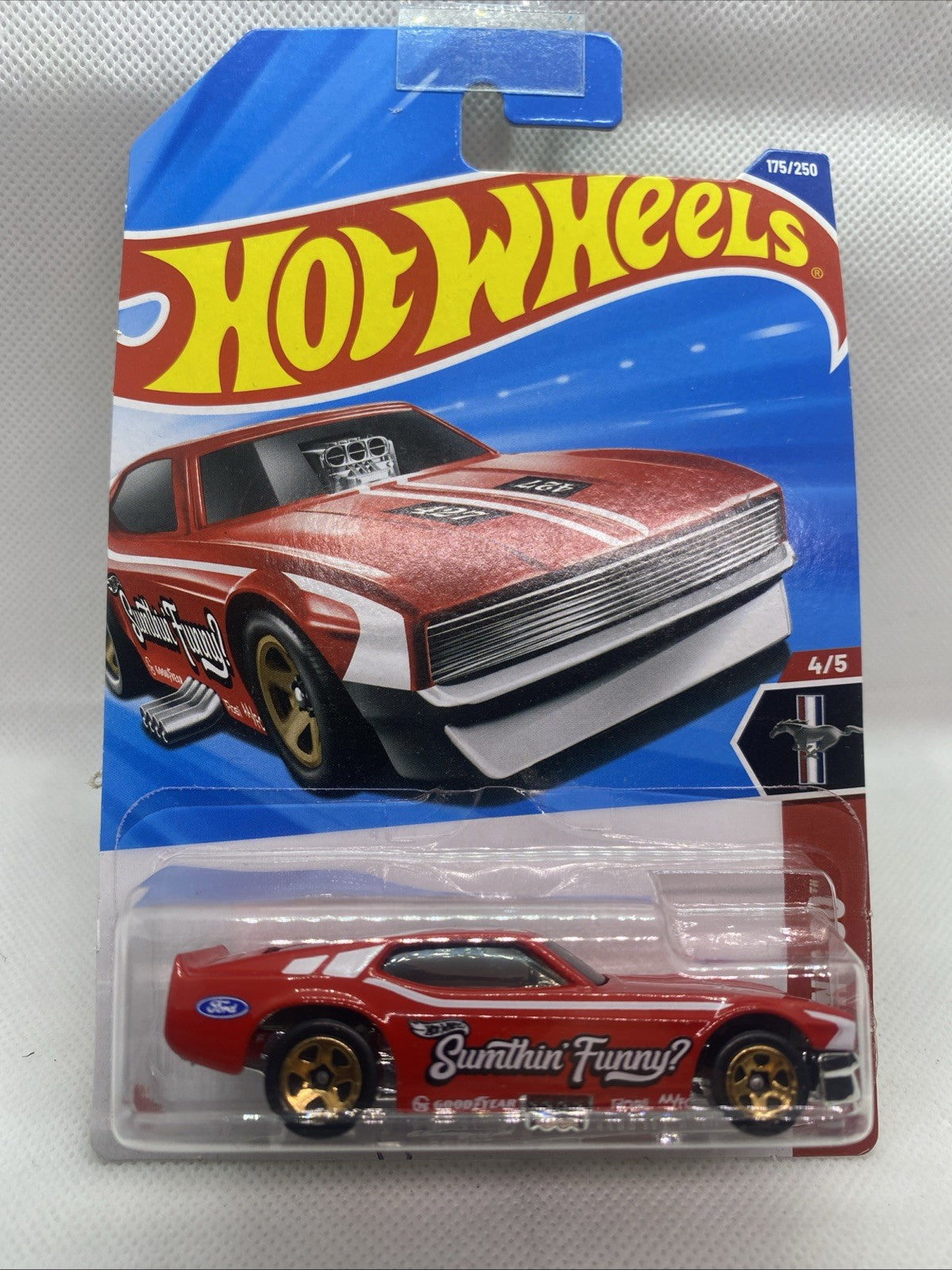 Hot Wheels '71 Mustang Funny Car toy in sealed blister card, red car with black details