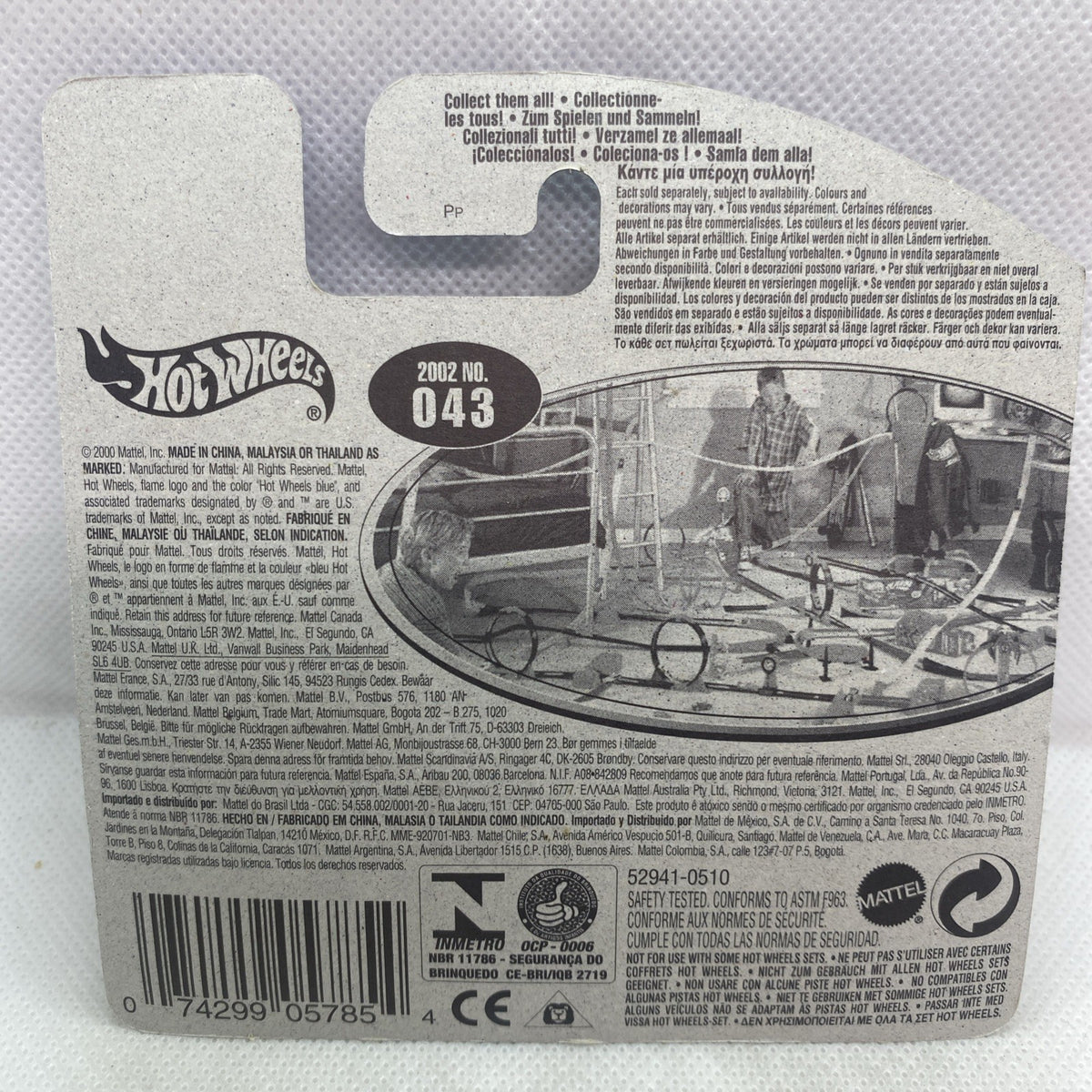 Hot Wheels blister card back with car number 043 and barcode, printed product info