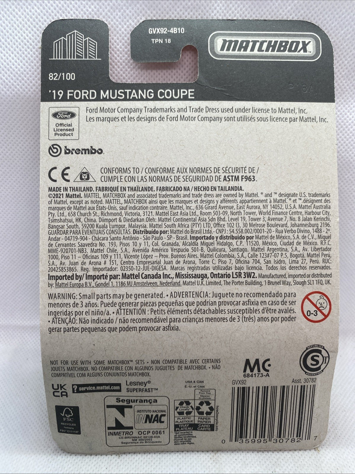 Matchbox '19 Ford Mustang Coupe packaging back with model and safety text