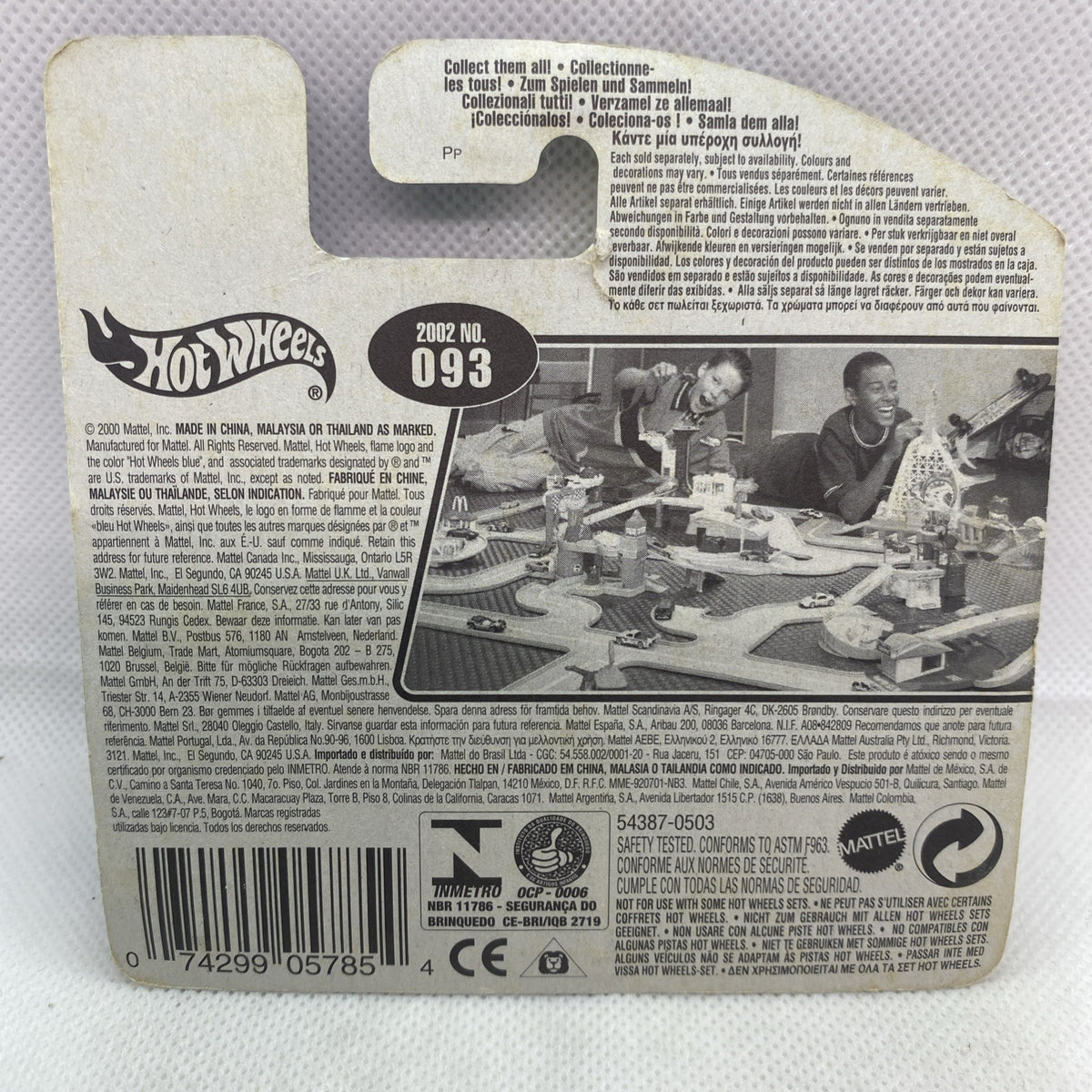 Back of carded Hot Wheels vehicle package with barcode, text, and 2002 093 label