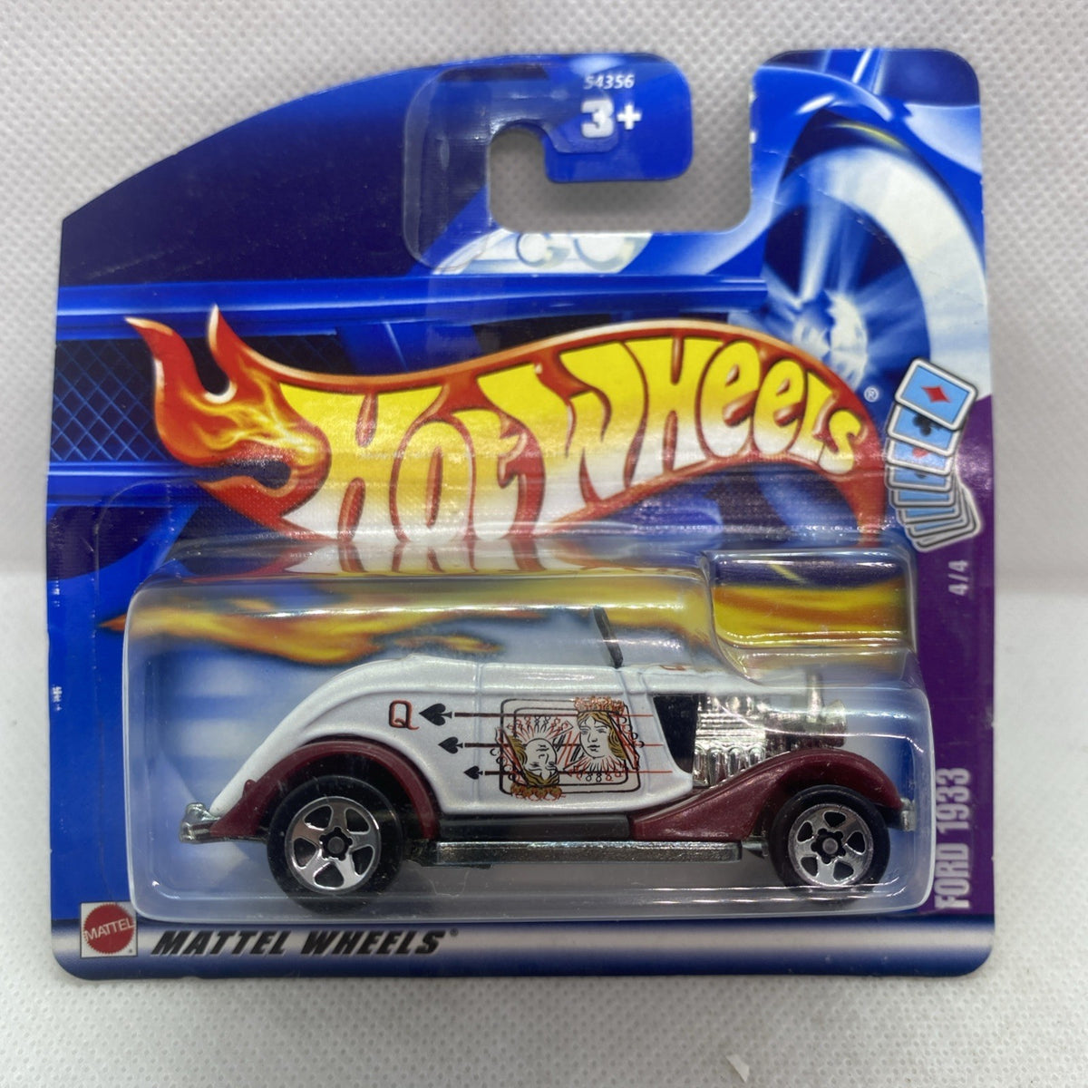 Hot Wheels die-cast Ford 1933 car in sealed blister, white body with maroon wheels