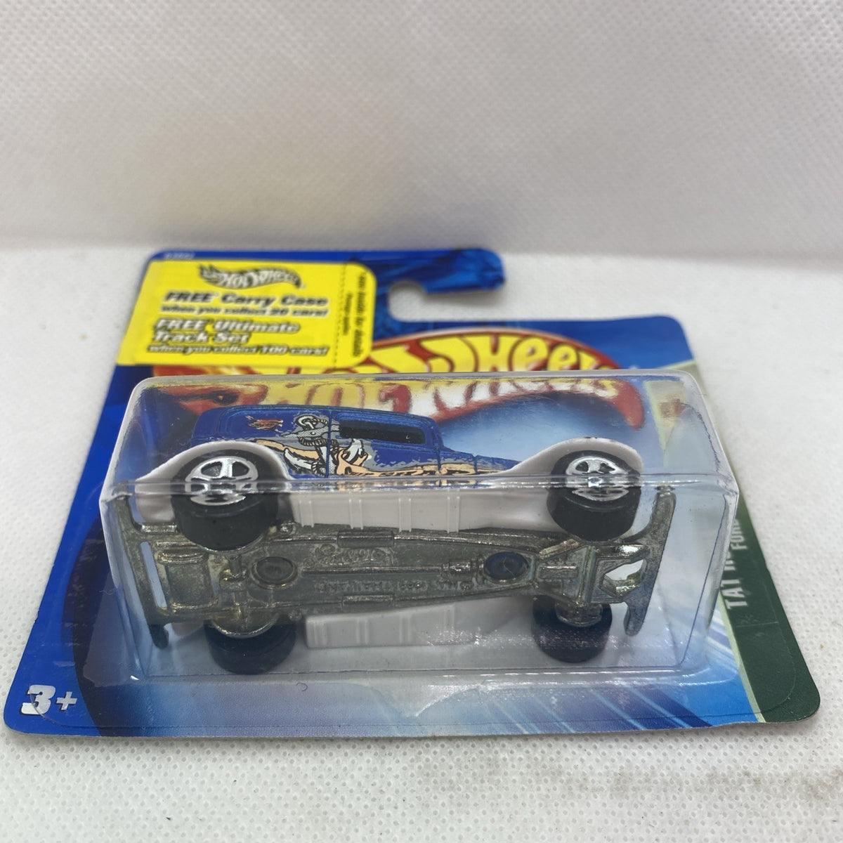 Rear view of blue 1932 Ford Hot Wheels die-cast in clear blister with chrome wheels