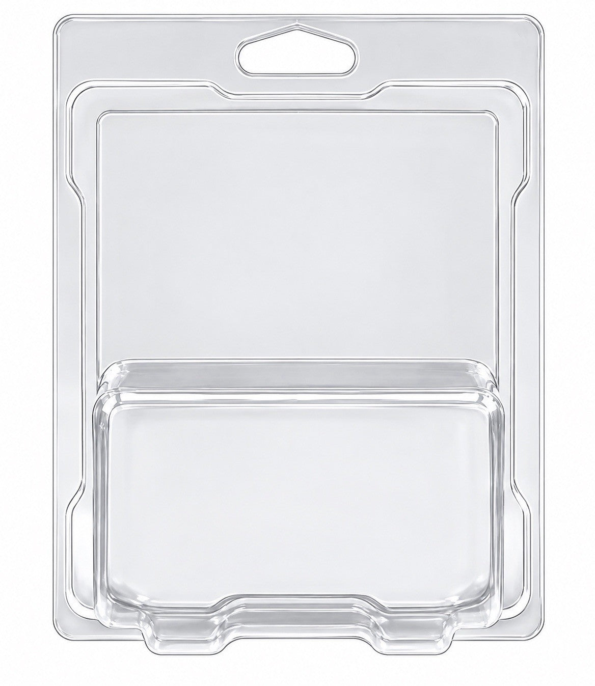 Clear plastic protective case with empty blister tray and hanging hole