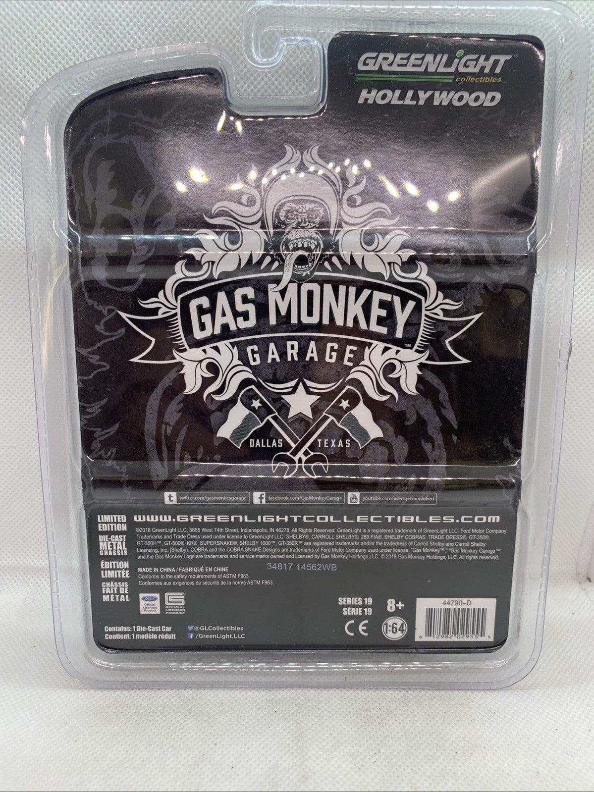 Greenlight Hollywood Gas Monkey Garage box back with model info on clear blister