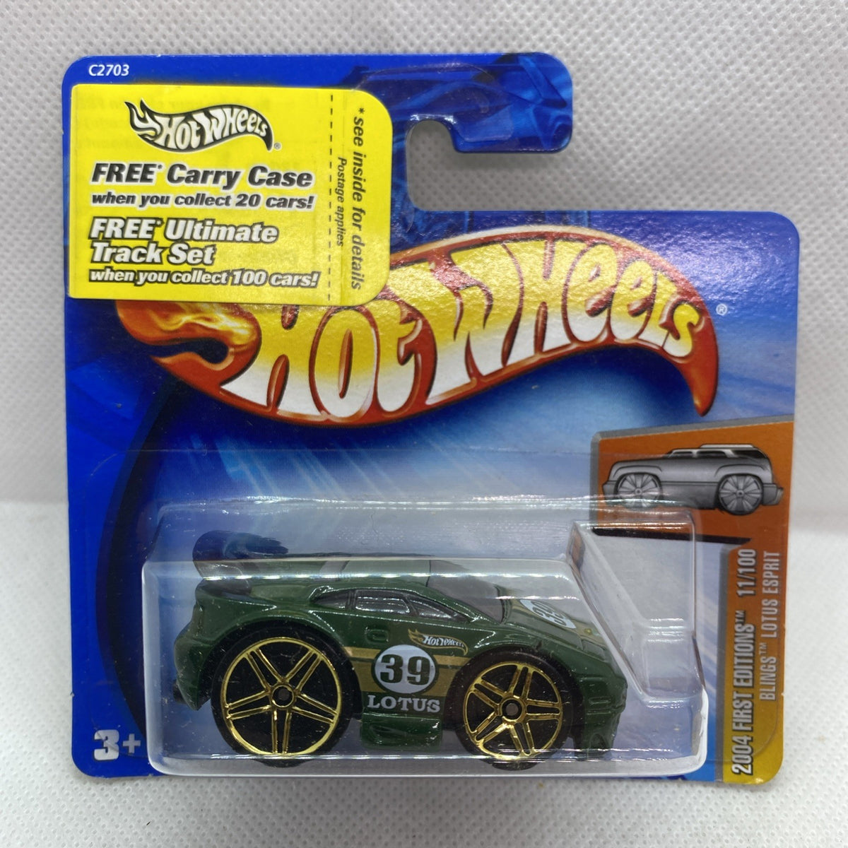 Green Hot Wheels die-cast car with gold wheels on blue short blister pack