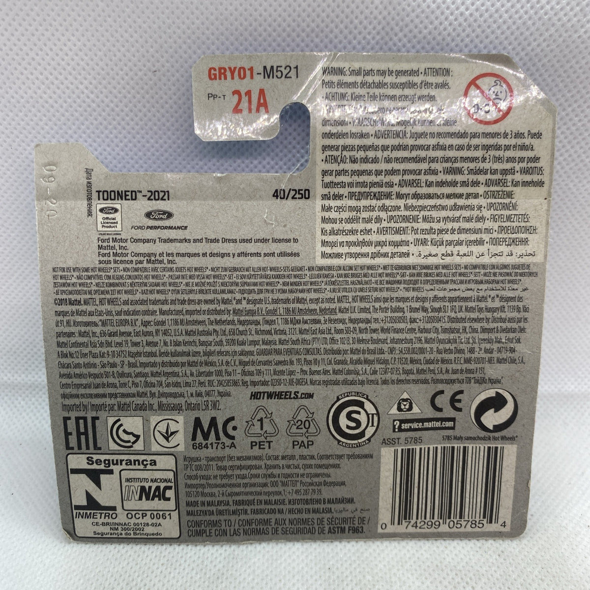 Hot Wheels ’68 Mustang blister pack back card with barcode and Tooned 2021 info