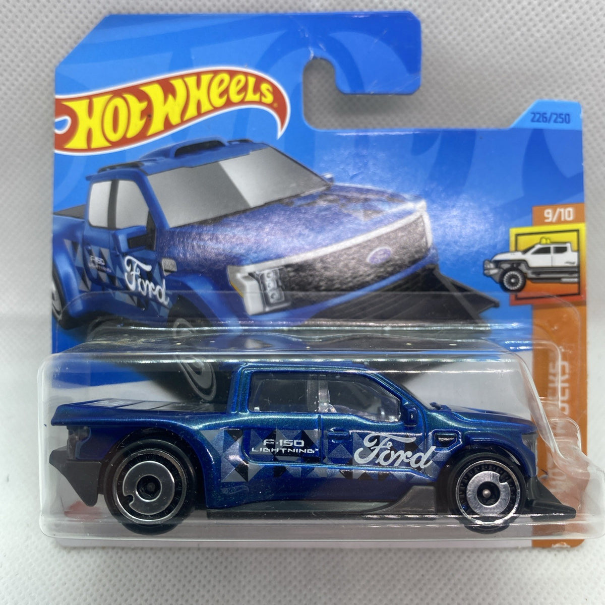 Hot Wheels Ford F-150 Lightning Custom die-cast truck in blue blister packaging